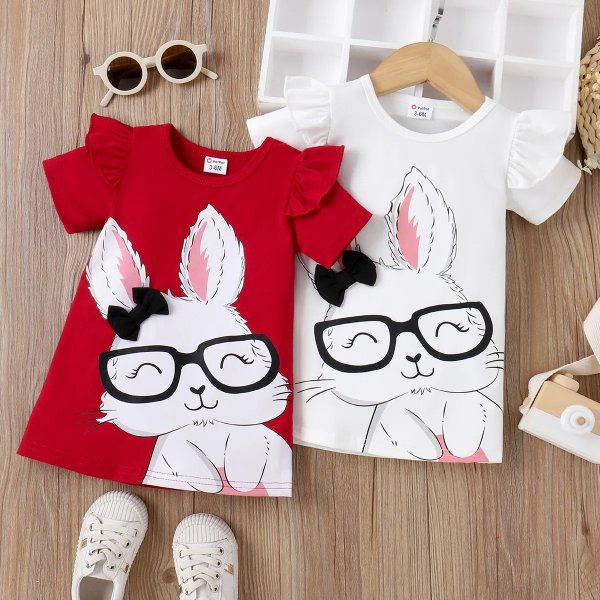 Baby Girl Rabbit Print Flutter-sleeve T-shirt Dress