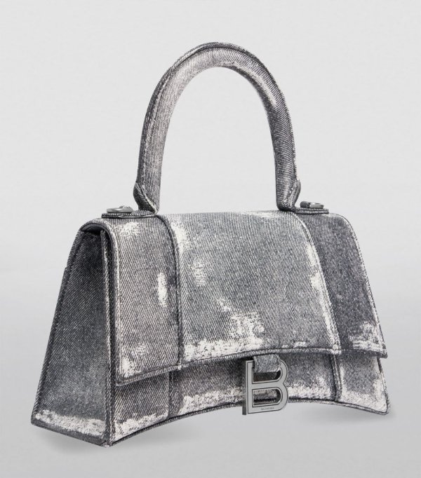 Small Leather Denim-Print Hourglass Bag