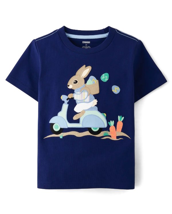 Boys Embroidered Bunny Scooter Top - Spring Celebrations - downpour