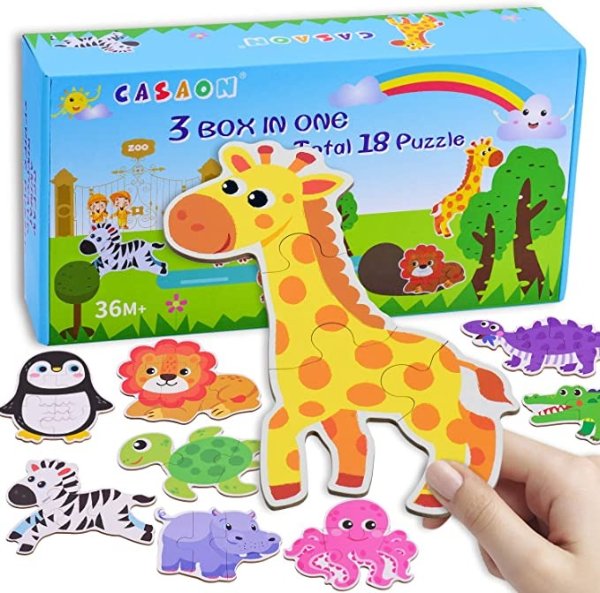 18 Pack Toddler Puzzles for 1 2 3 4 5 Year Old, Dinosaur Series & Animal Series & Ocean Series Box Puzzles for Toddler Kids