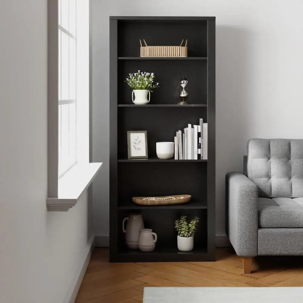 Elaine 72 in. Black Wood 5-Shelf Standard Bookcase with Adjustable Shelves