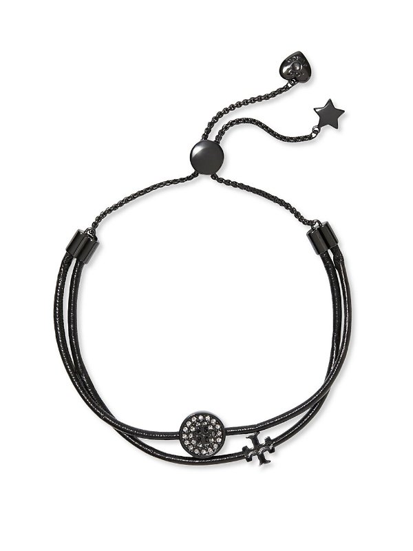 Kira Metal, Leather & Crystal Logo Charm Bracelet