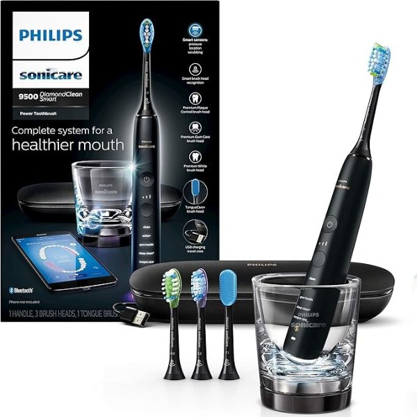 DiamondClean Smart Electric, Rechargeable toothbrush for Complete Oral Care, with Charging Travel Case, 5 modes – 9500 Series, Black, HX9924/11