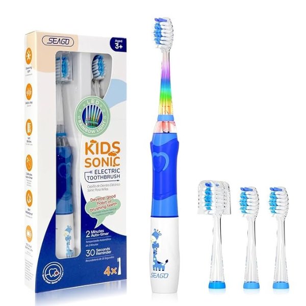 Kids Electric Toothbrush with 2 Mins Brushing Timer and 4 Replacement Bursh Heads, Rainbow LED Light make Brushing Fun, Blue Color Boys Battery Powerd Toothbrush for 4-12 Years Old