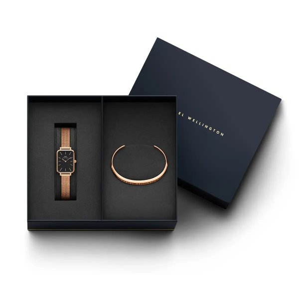 Quadro - Square Watch in Rose Gold & jewellery bracelet | DW