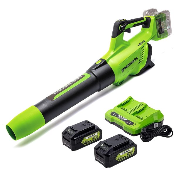 2 x 24V (48V) Brushless Axial Leaf Blower (140 MPH / 585 CFM), (2) 4Ah USB Batteries and Dual Port Charger Included, BL48L4410