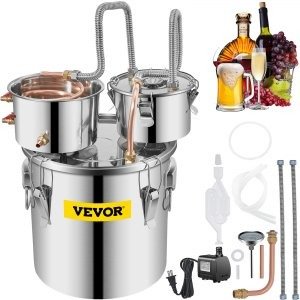 VEVOR Alcohol Still 5 Gal 19L Water Alcohol Distiller Copper Tube With Circulating Pump Home Brewing Kit Build-in Thermometer | VEVOR US