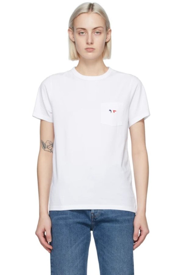 White Tricolor Fox Patch Pocket T-Shirt