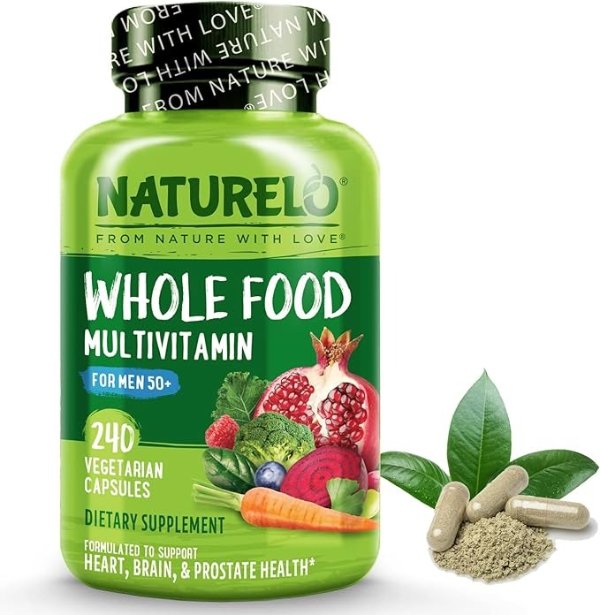 NATURELO Whole Food Multivitamin for Men 50+ - with Vitamins, Minerals, Organic Herbal Extracts - Vegan Vegetarian - for Energy, Brain, Heart and Eye Health - 240 Capsules