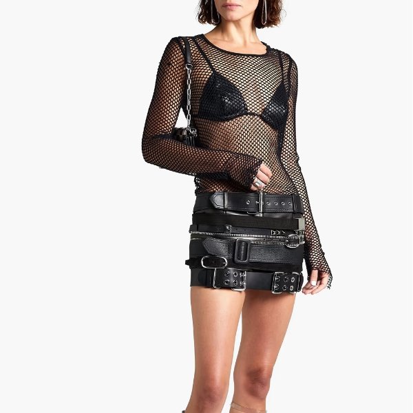Studded buckle-detailed leather mini skirt
