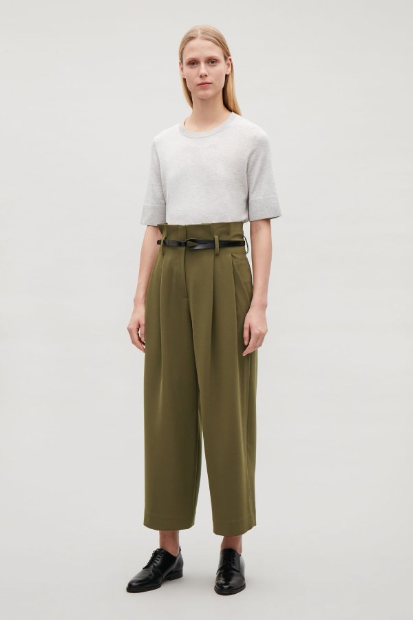 BELTED HIGH-WAIST TROUSERS - Khaki Green - Wide-leg trousers - COS US