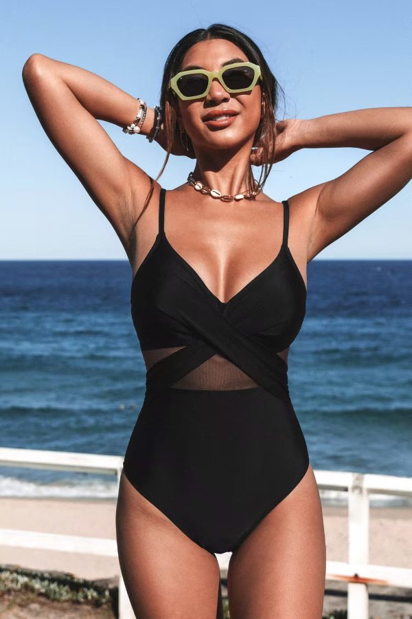 Forest Adventure Solid Mesh Wrap Front Cutout Black One Piece SwimsuitFlash Sale
