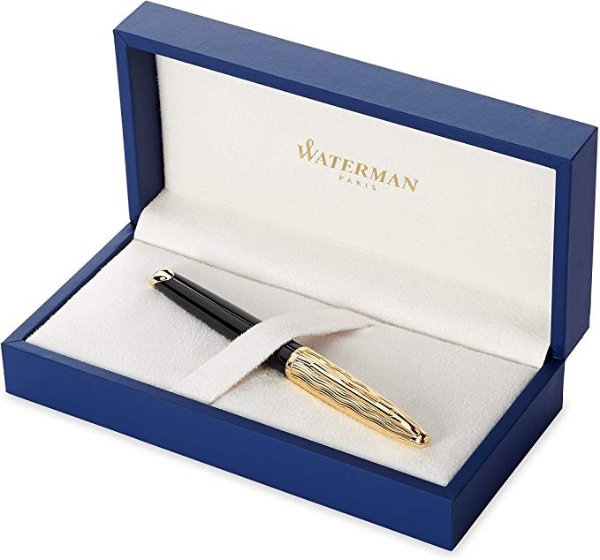 Waterman Carene Essential Fountain Pen, Gloss Black Wave with 23k Gold Clip, Medium Nib with Blue Ink Cartridge, Gift Box