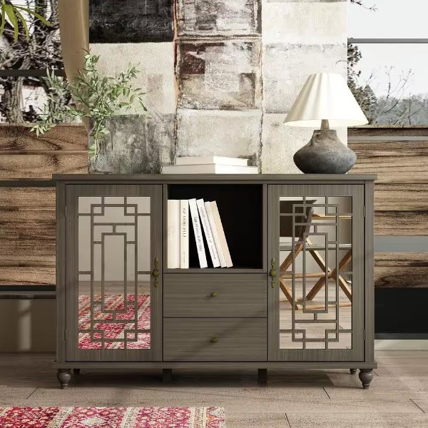 Gray Wooden Grain Mirrored Accent Storage Cabinet, Boookcase, Sideboard with 5 Shelves and 2 Drawers
