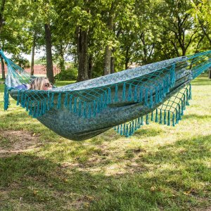 Equip Gray and Blue Jacquard Tree Hammock, Open size: 81" L x 59" W x 0.1" H