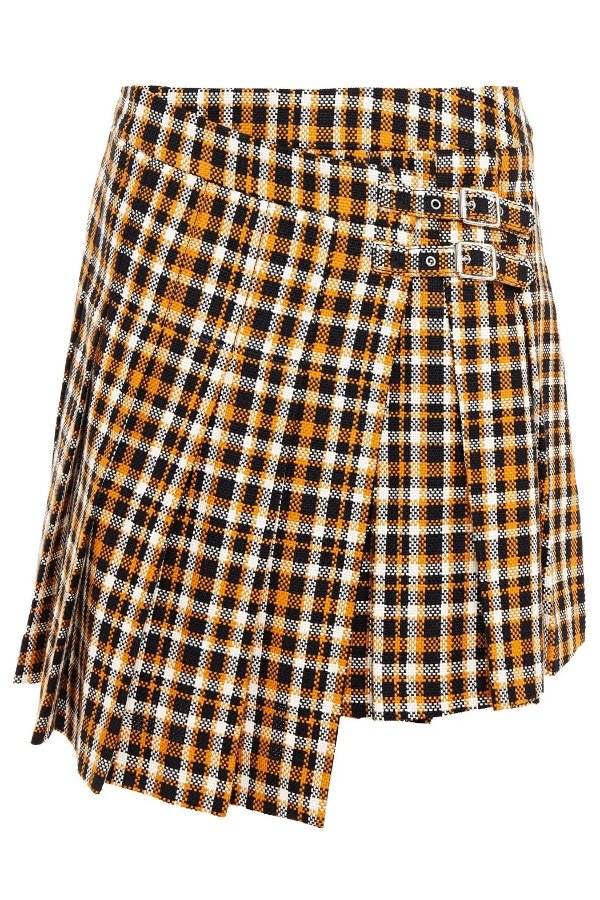 Pleated checked cotton-tweed mini wrap skirt