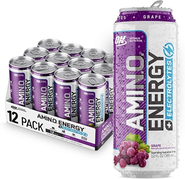 Amino Energy + Electrolytes Sparkling Hydration Drink - Pre Workout, BCAA, Keto Friendly, Energy Powder - Grape, 12 Count