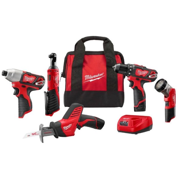 M12 12V Lithium-Ion Cordless Combo Kit (5-Tool) with Two 1.5 Ah Batteries, Charger