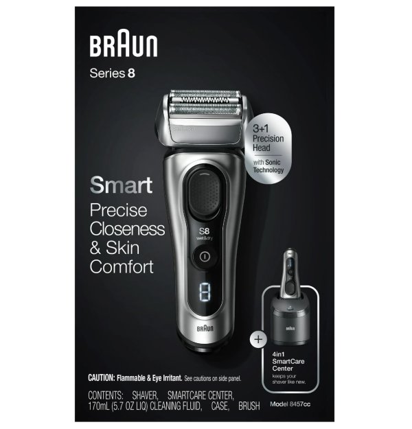 Braun Series 8 8457CC Electric Shaver for Men with Beard Trimmer, Cleaning & Charging Center, Sliver