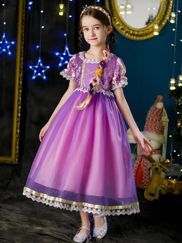 6pcs Girls Purple Princess Party Dress&5pcs Jewelry&Hairband Wig Flower Braids