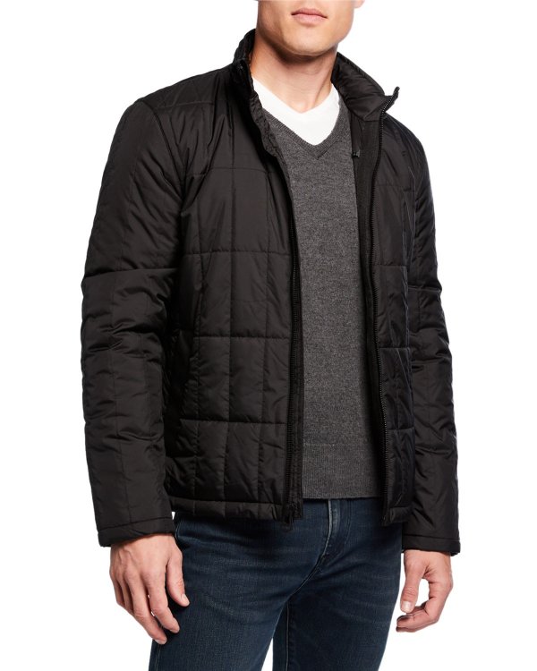 Men's Grid Quilted Jacket with Fold-Up Hood