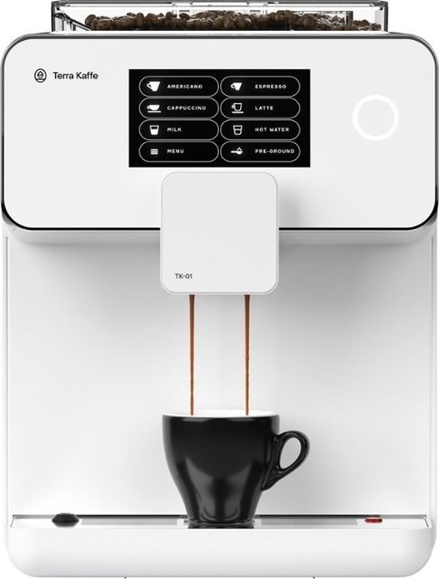Terra Kaffe - Super Automatic Programmable Espresso Machine with 19 Bars of Pressure, Milk Frother, & Automatic Grinder - White