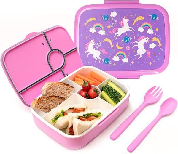 Bento Lunch Box for Kids, 5-Compartment Bento-Style Kids Lunch Box with Utensils, Leak-Proof, Dishwasher Safe, Pre-School Kid Daycare Lunches Snack Container for Ages 5 and up, Unicorn