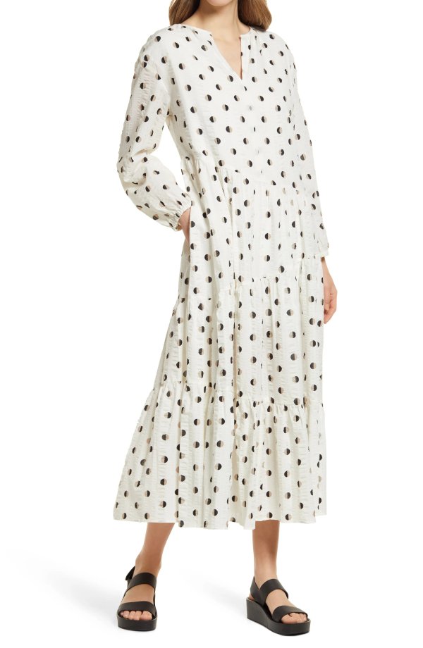 Polka Dot Long Sleeve Tiered Cotton Dress