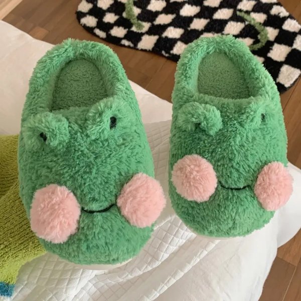 Cute Frog Design Slippers, Casual Pom Pom Decor Platform Shoes, Comfortable Indoor Home Slippers