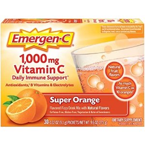 Emergen-C1000mg Vitamin C Powder, with Antioxidants, B Vitamins and Electrolytes, Vitamin C Supplements for Immune Support, Caffeine Free Fizzy Drink Mix, Super Orange Flavor - 30 Count