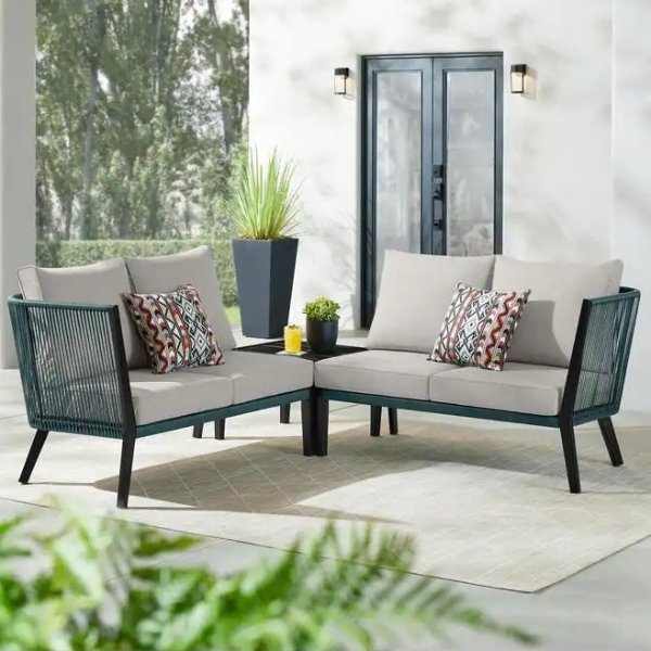 Heather Glen 3-Piece Wicker and Metal Corner Patio Sectional Seating Set with CushionGuard Stone Gray Cushions