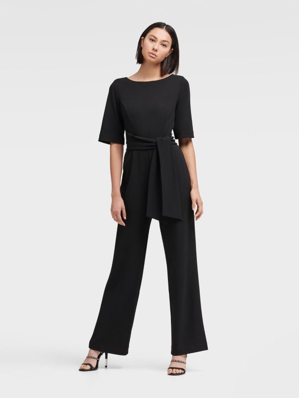 ELBOW SLEEVE JUMPSUIT WITH TIE WAIST