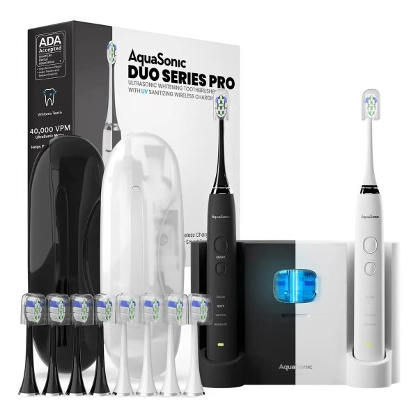Duo PRO - Dual Handle Whitening Smart Toothbrushes with UV Sanitizing Base & 10 DuPont Brush Heads & 2 Travel Cases