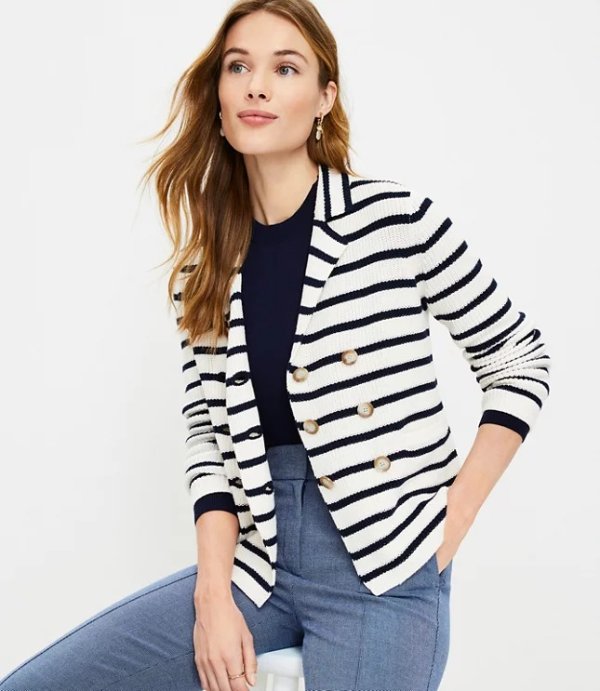 Stripe Ribbed Double Breasted Sweater Jacket | LOFT