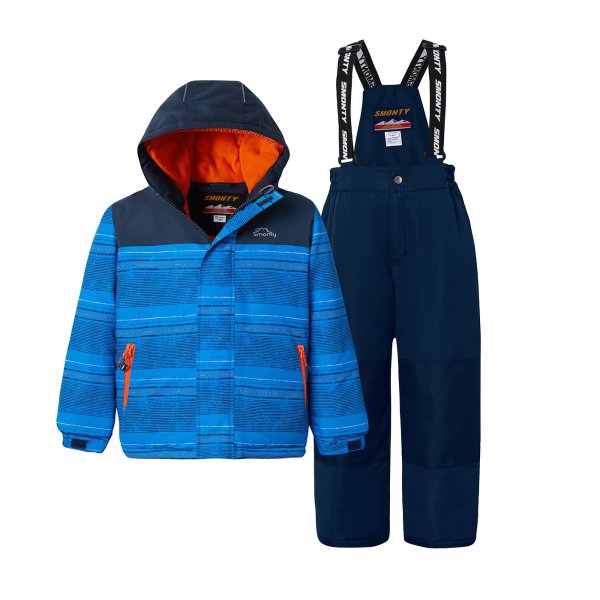2-piece Kid Boy Striped Hooded Jacket and Snow Bib Ski Suit