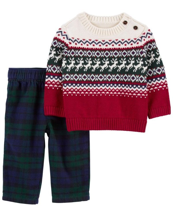 2-Piece Holiday Sweater & Twill Flannel Pant Set