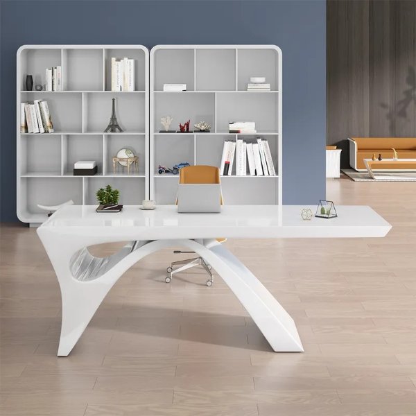 55" Modern White Computer Desk Rectangular Office Desk with Pedestal Base-Homary
