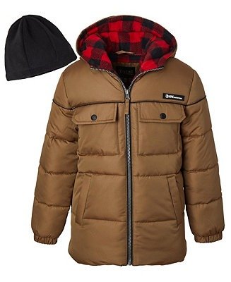 Little Boys Multi Pocket Puffer Jacket with Plaid Lining and Fleece Hat, 2 Piece Set
