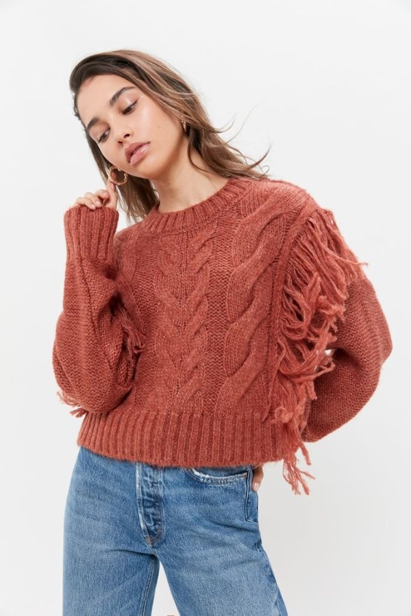 UO Faye Shimmer Fringe Cable Knit Sweater