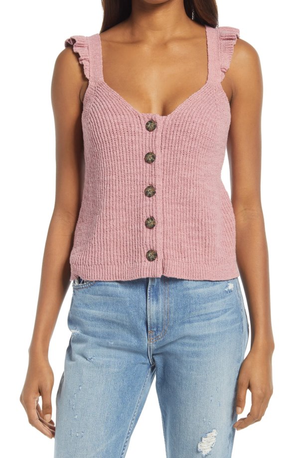Ruffle Strap Button Front Sweater Tank