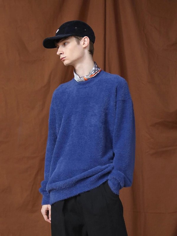 Soft Angora Round Neck Knit Sweater Blue
