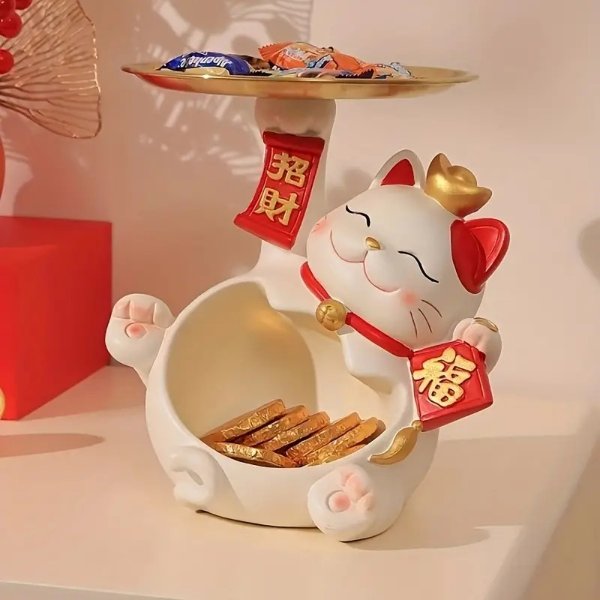 1pc Lucky Cat Storage Ornament, Key Sundries Tray, Resin Statue Art Craft, For Bookshelf Home Living Room Office Cabinet Decor, Room Tabletop Entryway Decor, Valentine Christmas New Year Decor