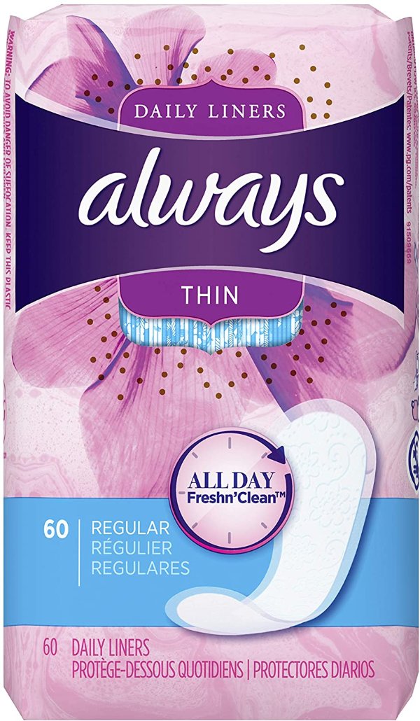 Thin Dailies Liners, Unscented, Wrapped, 60 Count