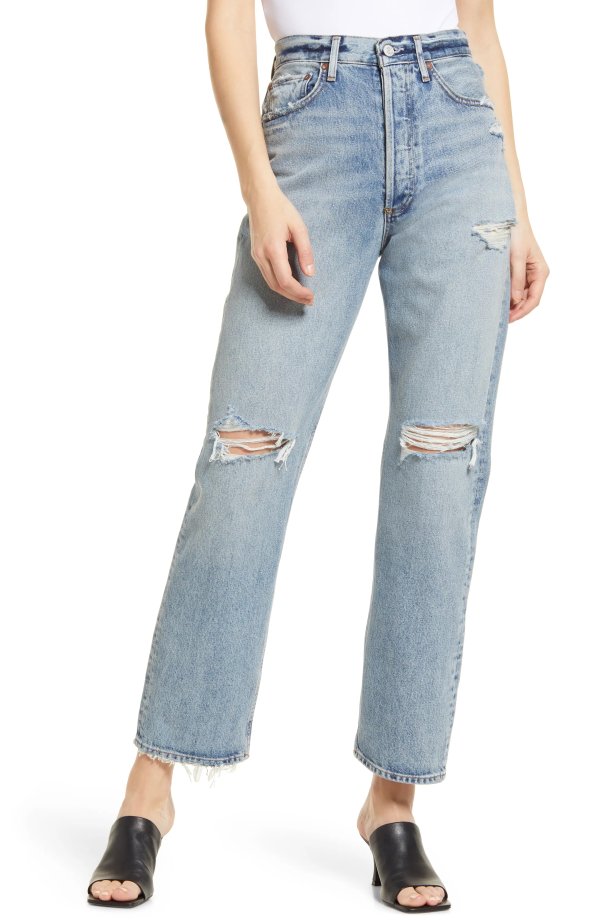 '90s Distressed High Waist Straight Leg Organic Cotton Jeans