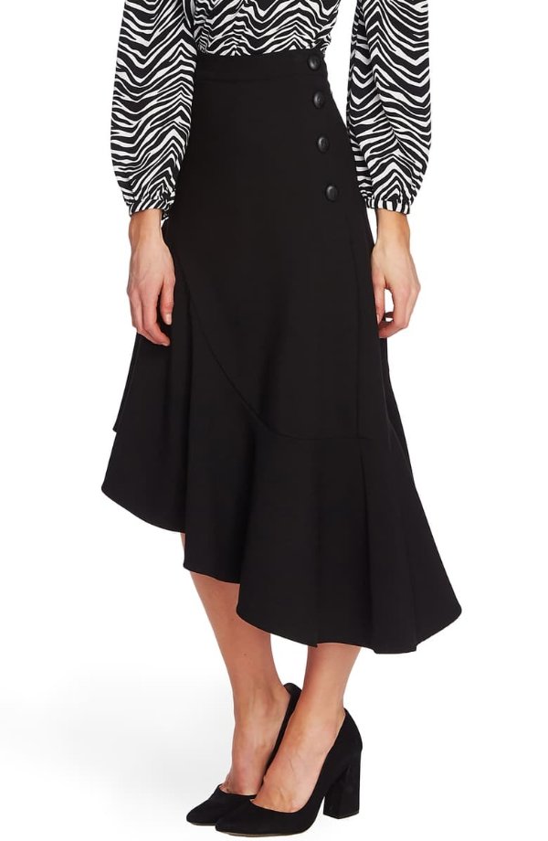 Side Button Asymmetrical Stretch Crepe Skirt