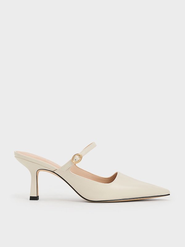 Buckle-Strap Heeled Mules - Chalk