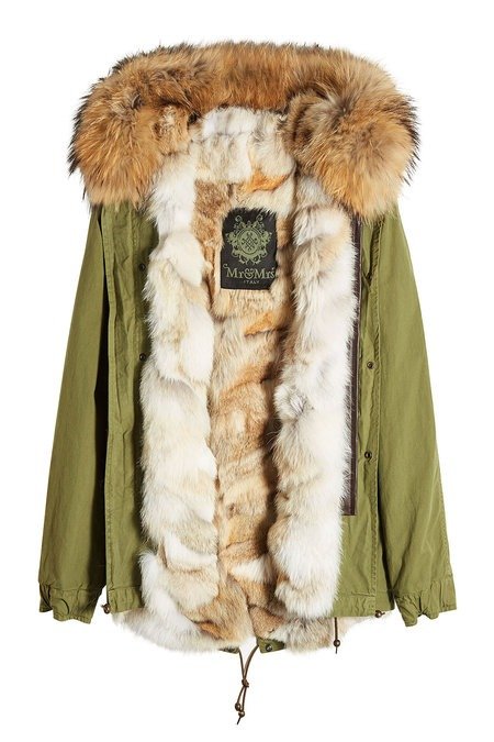 - Army Mini Cotton Parka with Raccoon and Coyote Fur