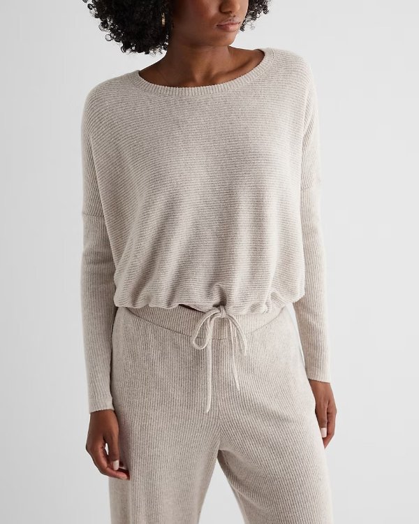 Ribbed Cozy Knit Crew Neck Cinched Hem Top