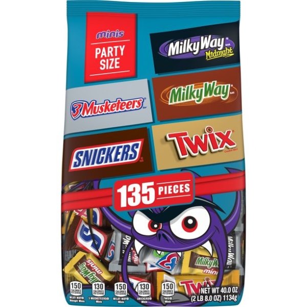 Snickers, Twix, Milky Way & 3 Musketeers Variety Pack Halloween Mini Size Milk & Dark Chocolate Candy Bars, 135 Piece Bag