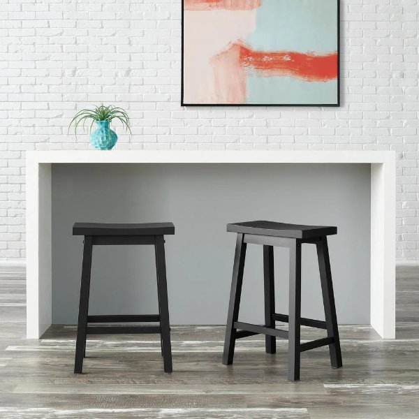 Black Wood Saddle Backless Counter Stool (Set of 2) (16.33 in. W x 24 in. H)